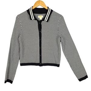 Maeve by Anthropologie Womens Cardigan Sweater Black White Small Geo Knit Collar